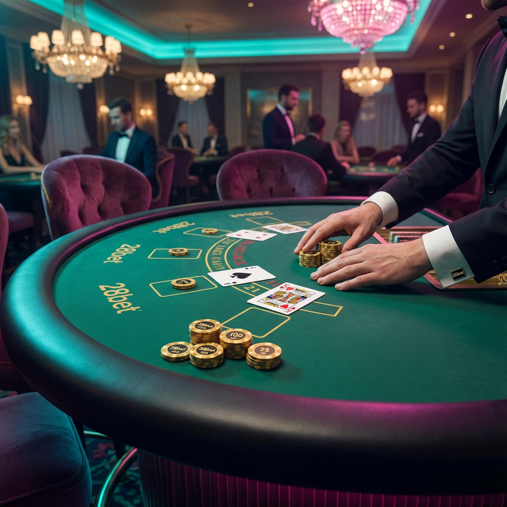 Mesa profissional de blackjack com cartas mostrando 21 e fichas douradas