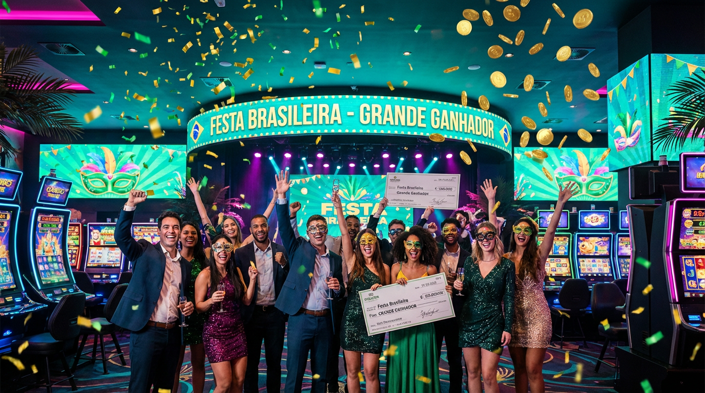 Celebração brasileira de grande vitória no cassino 930bet com confetes coloridos e moedas douradas