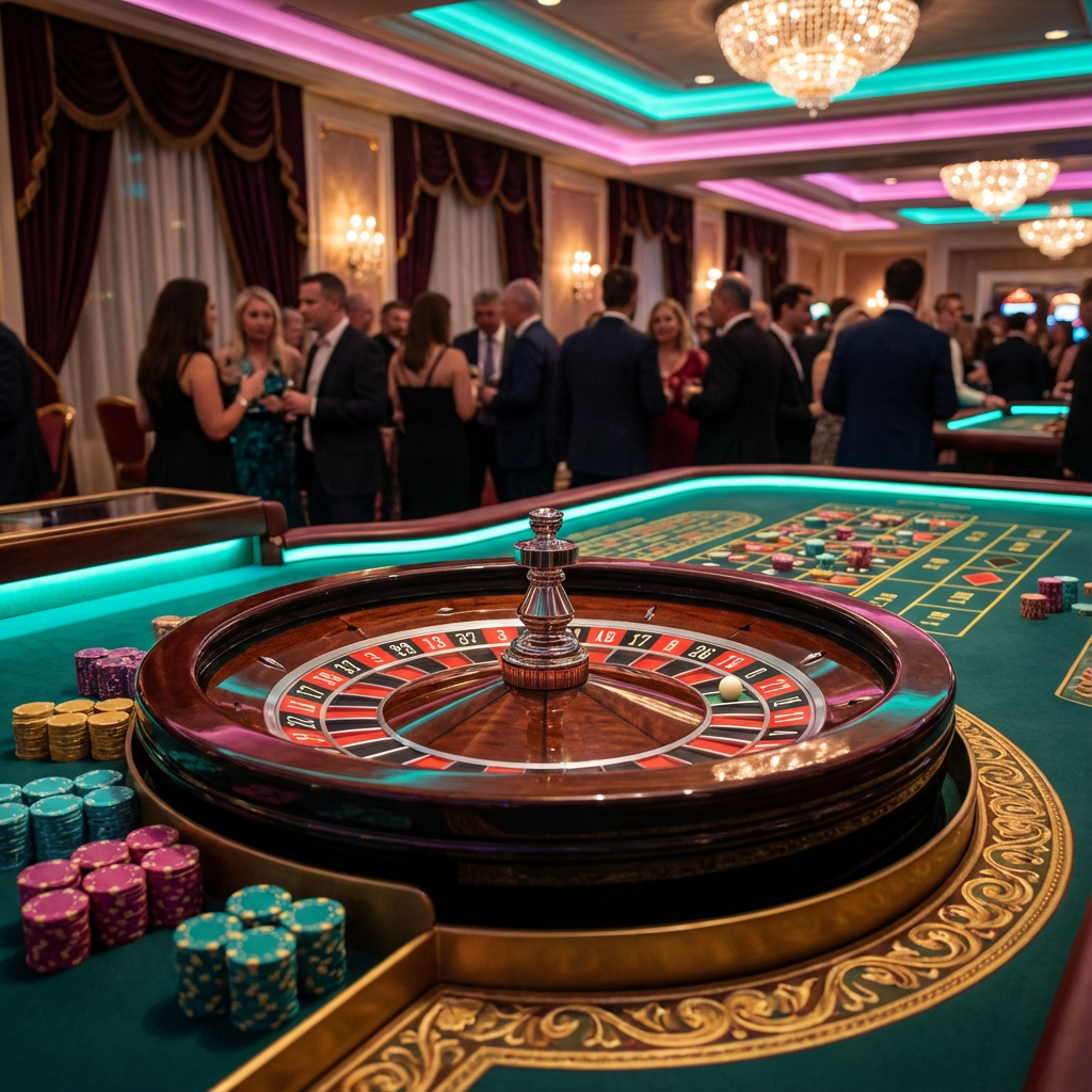Roleta de cassino elegante girando com iluminação teal e magenta