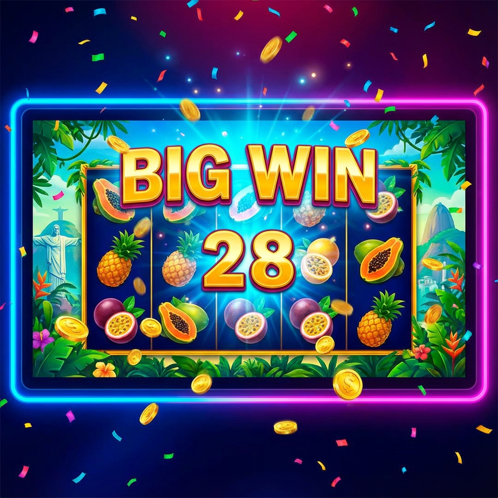 Slot machine brasileiro mostrando grande vitória com número 28 e frutas tropicais